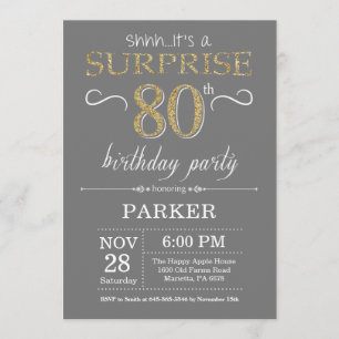 Surprise 80th Birthday Invitation Grey and Gold