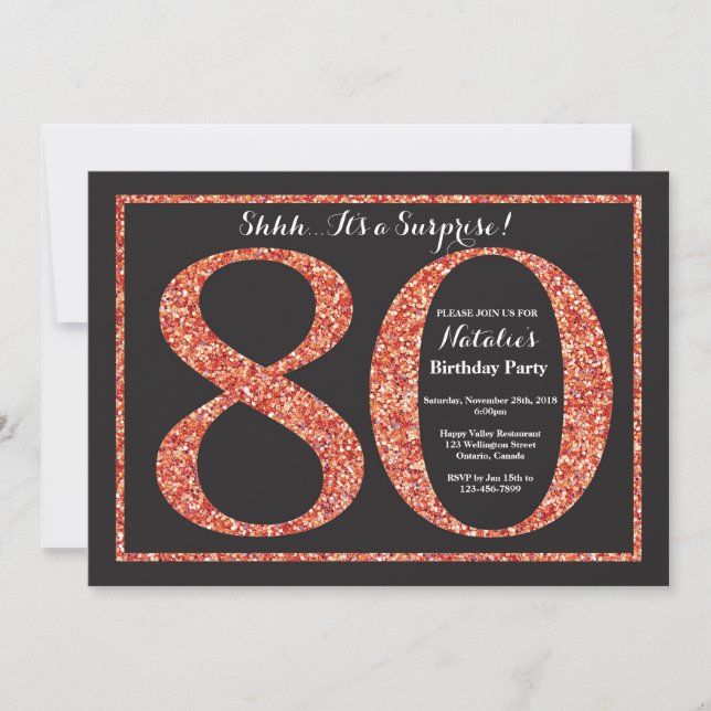 Surprise 80th Birthday Invitation Orange Glitter (Front)
