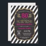 Surprise 80th Birthday Invitation Pink Black Gold<br><div class="desc">Surprise 80th Birthday Invitation for women. Pink Black and Gold Birthday Party Invite. Gold Glitter. Pink Floral Flower. Black and White Stripes. Printable Digital. For further customisation,  please click the "Customise it" button and use our design tool to modify this template.</div>