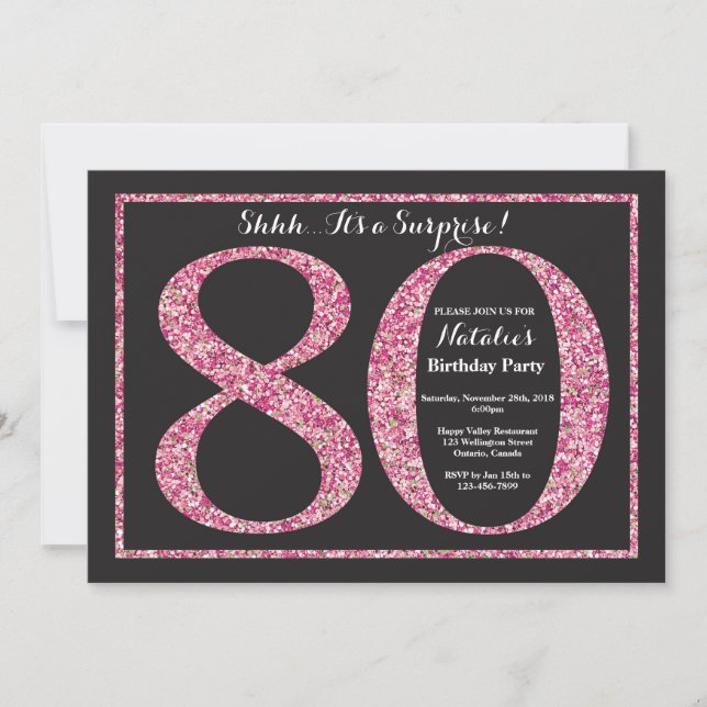 Surprise 80th Birthday Invitation Pink Glitter (Front)