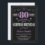 Surprise 80th Birthday Invitation Purple and Black<br><div class="desc">Surprise 80th Birthday Invitation Purple and Black Typography. Chalkboard. Black and White Background. Adult Birthday. Male Men or Women Birthday. Kids Boy or Girl Lady Teen Teenage Bday Invite. 13th 15th 16th 18th 20th 21st 30th 40th 50th 60th 70th 80th 90th 100th. Any Age. For further customisation, please click the...</div>
