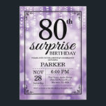 Surprise 80th Birthday Invitation Purple Glitter<br><div class="desc">Surprise 80th Birthday Invitation with Purple String Lights with Purple Glitter Background. Purple Birthday. Adult Birthday. Men or Women Bday Invite. 13th 15th 16th 18th 20th 21st 30th 40th 50th 60th 70th 80th 90th 100th, Any age. For further customisation, please click the "Customise it" button and use our design tool...</div>