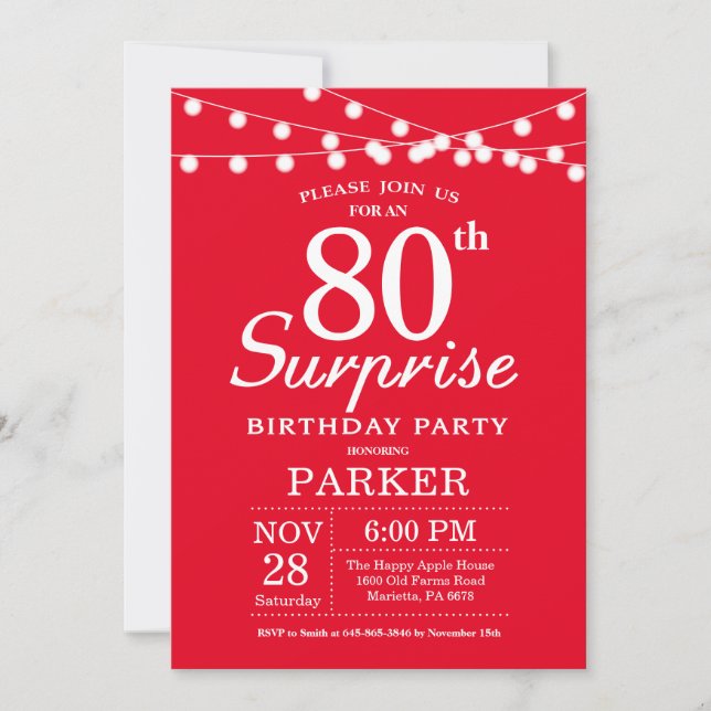 Surprise 80th Birthday Invitation Red (Front)
