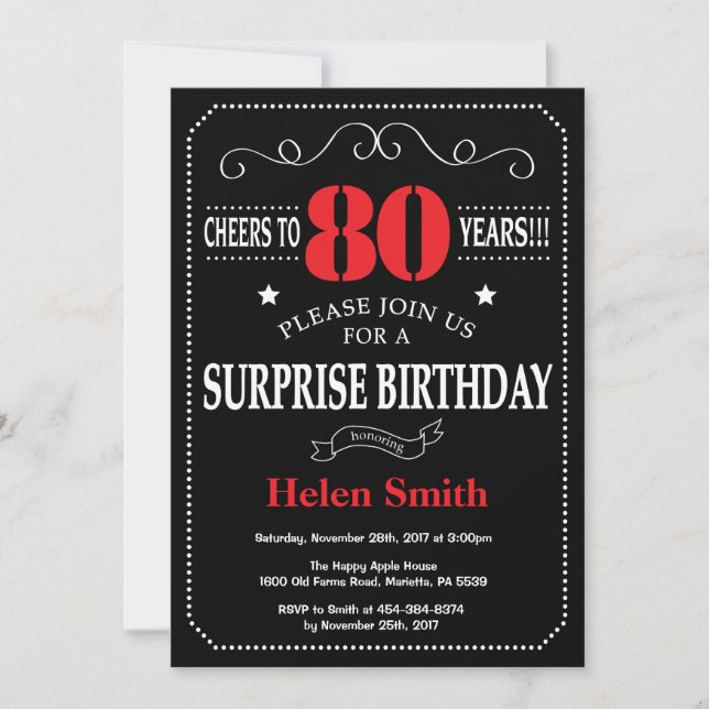 Surprise 80th Birthday Invitation Red and Black (Front)