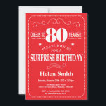 Surprise 80th Birthday Invitation Red and White<br><div class="desc">Surprise 80th Birthday Invitation Red and White Typography. Red Background. Adult Birthday. Male Men or Women Birthday. Kids Boy or Girl Lady Teen Teenage Bday Invite. 13th 15th 16th 18th 20th 21st 30th 40th 50th 60th 70th 80th 90th 100th. Any Age. For further customisation, please click the "Customise it" button...</div>