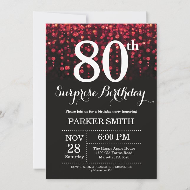 Surprise 80th Birthday Invitation Red Glitter (Front)