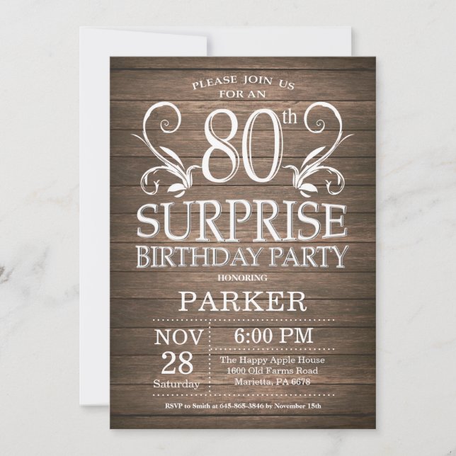 Surprise 80th Birthday Invitation Rustic Wood (Front)