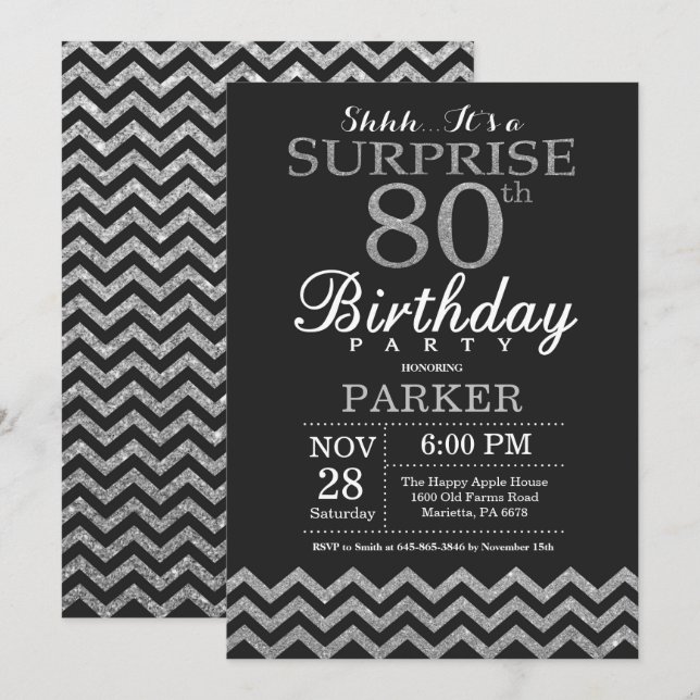 Surprise 80th Birthday Invitation Silver Glitter (Front/Back)