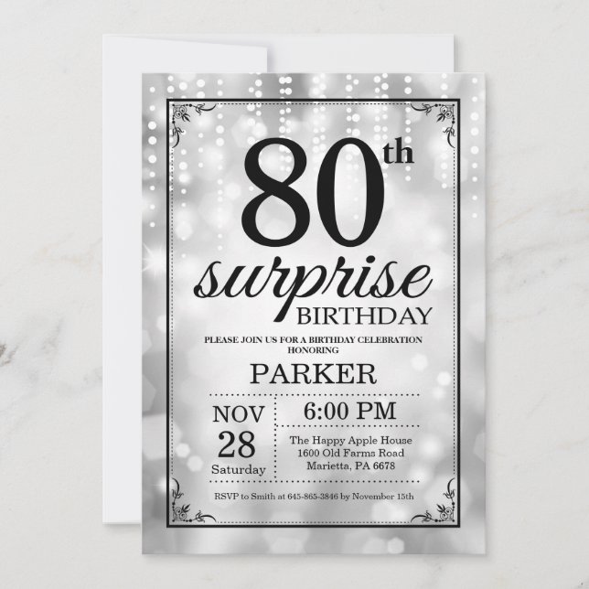 Surprise 80th Birthday Invitation Silver Glitter (Front)