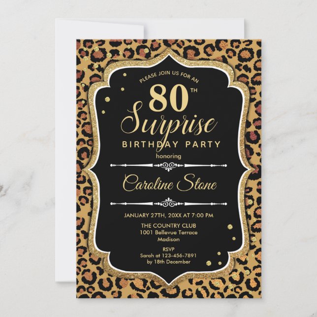 Surprise 80th Birthday - Leopard Black Gold Invitation (Front)