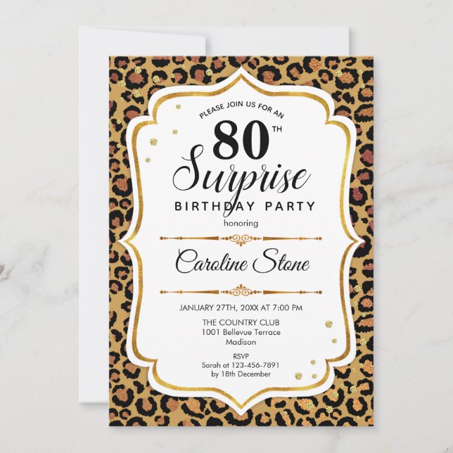 Surprise 80th Birthday - Leopard Gold White Invitation (Front)