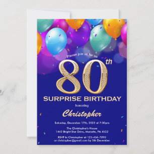 Surprise 80th Birthday Navy Blue and Gold Balloons Invitation