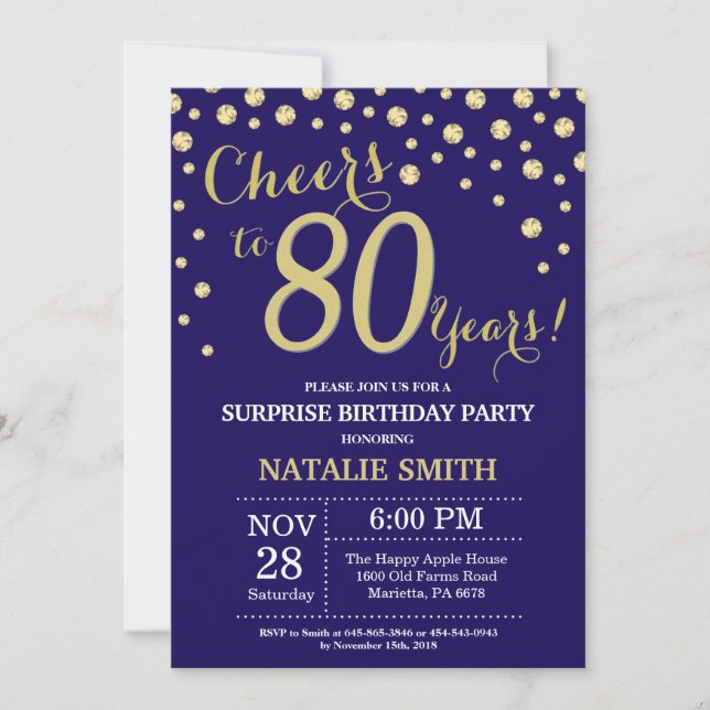 Surprise 80th Birthday Navy Blue and Gold Diamond Invitation (Front)