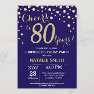 Surprise 80th Birthday Navy Blue and Gold Diamond Invitation
