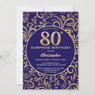 Surprise 80th Birthday Navy Blue and Gold Floral Invitation