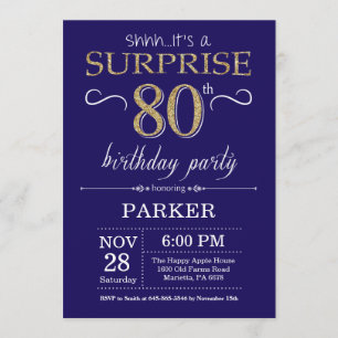 Surprise 80th Birthday Navy Blue and Gold Glitter Invitation