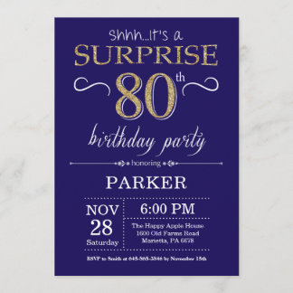 Surprise 80th Birthday Navy Blue and Gold Glitter Invitation
