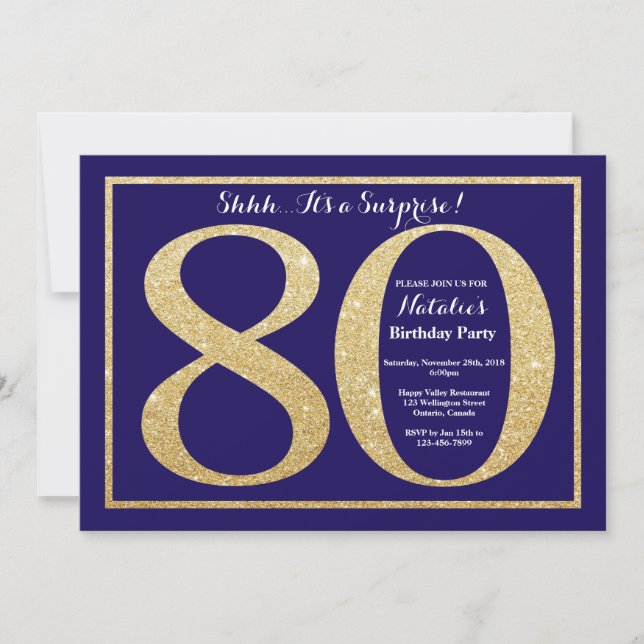 Surprise 80th Birthday Navy Blue and Gold Glitter Invitation (Front)