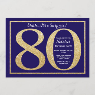 Surprise 80th Birthday Navy Blue and Gold Glitter Invitation