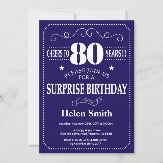 Surprise 80th Birthday Navy Blue and White Invitation (Front)