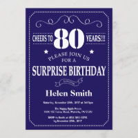 Surprise 80th Birthday Navy Blue and White