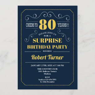 Surprise 80th Birthday - Navy Blue Gold Invitation