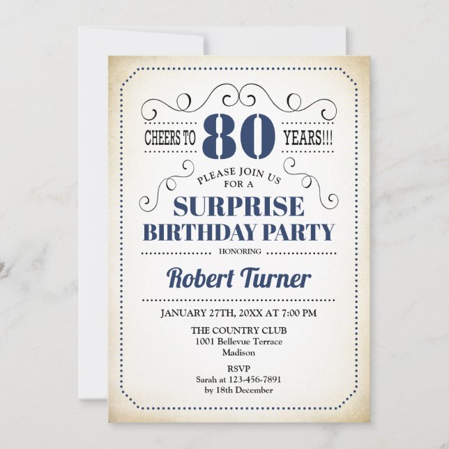 Surprise 80th Birthday - Navy Blue White Black Invitation (Front)