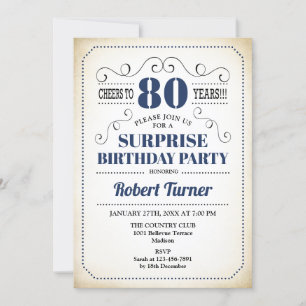 Surprise 80th Birthday - Navy Blue White Black Invitation