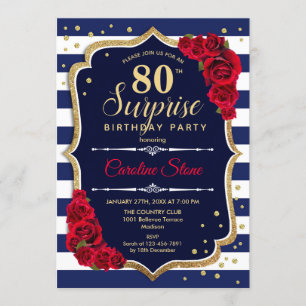 Surprise 80th Birthday - Navy White Red Invitation