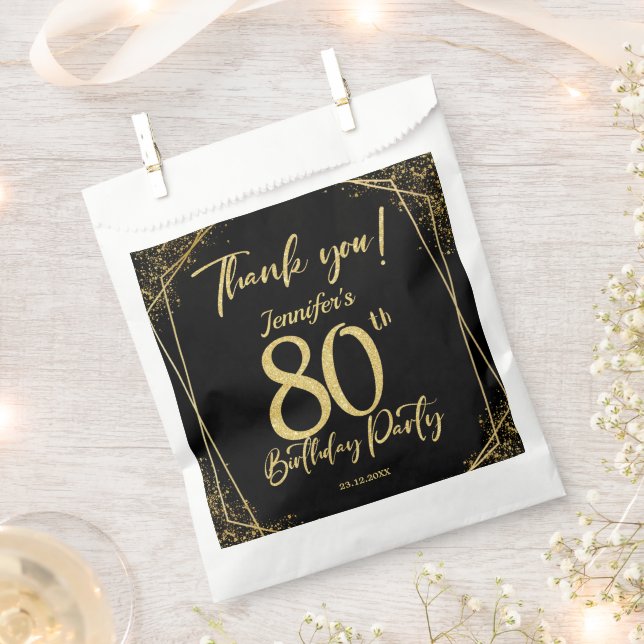 Surprise 80th Birthday Party Black & Gold Glitter Favour Bags (Clipped)