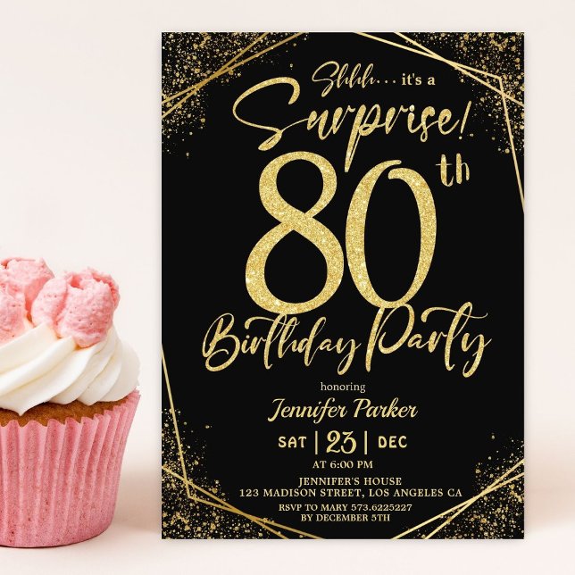 Surprise 80th Birthday Party Black & Gold Glitter Invitation (Creator Uploaded)