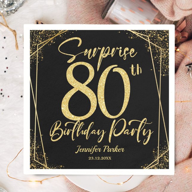 Surprise 80th Birthday Party Black & Gold Glitter Napkin (Creator Uploaded)