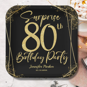 Surprise 80th Birthday Party Black & Gold Glitter Paper Plate