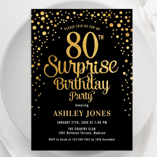 Surprise 80th Birthday Party - Black & Gold Invitation (Creator Uploaded)
