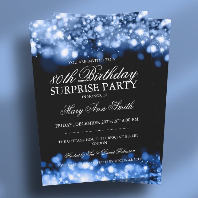 Surprise 80th Birthday Party Blue Sparkling Lights Invitation (Surprise 80th Birthday Party Blue Sparkling Lights Invitation)