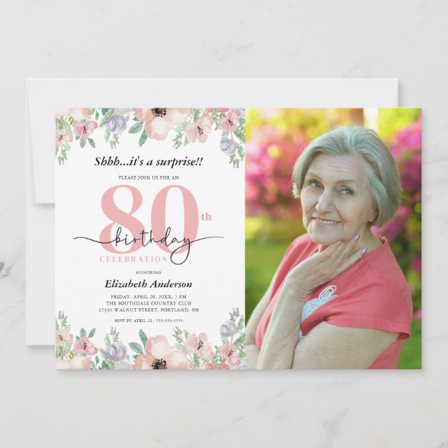 Surprise 80th Birthday Party Elegant Floral Photo Invitation (Front)