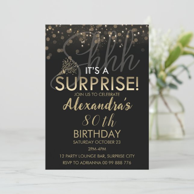 Surprise 80th Birthday Party for Women, Black Invitation (Standing Front)