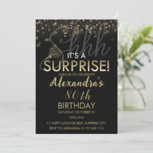 Surprise 80th Birthday Party for Women, Black Invitation