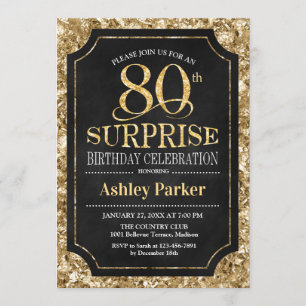 Surprise 80th Birthday Party - Gold Black Invitation