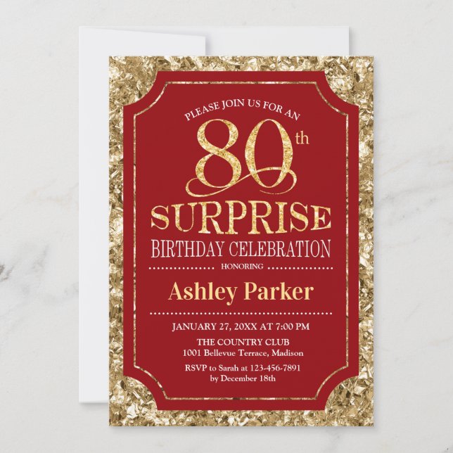Surprise 80th Birthday Party - Gold Red Invitation (Front)