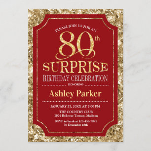 Surprise 80th Birthday Party - Gold Red Invitation