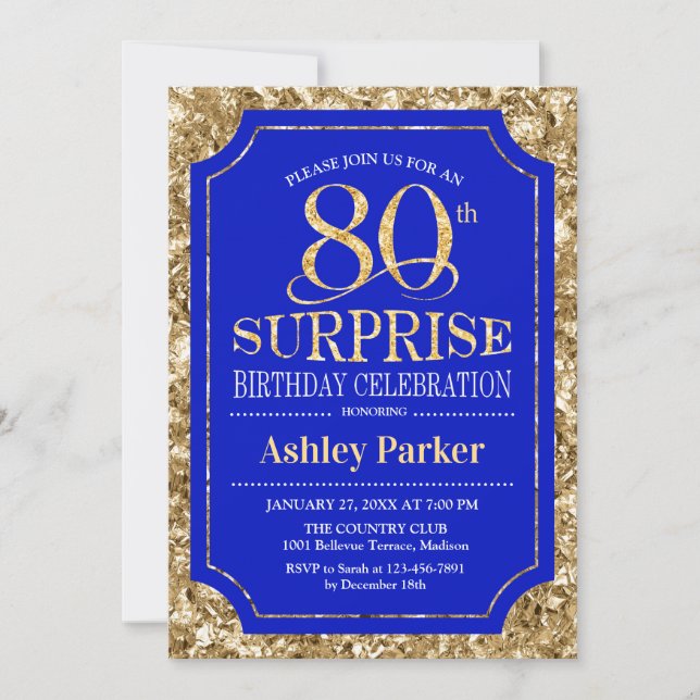 Surprise 80th Birthday Party - Gold Royal Blue Invitation (Front)