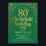 Surprise 80th Birthday Party - Green & Gold Invitation<br><div class="desc">Surprise 80th Birthday Party Invitation.
Elegant design in forest green and faux glitter gold. Features stylish script font and confetti. Message me if you need custom age.</div>