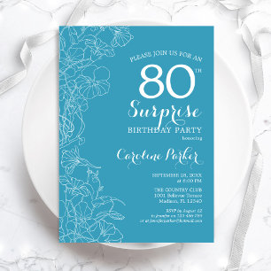 Surprise 80th Birthday Party - Light Blue Floral Invitation