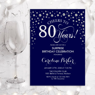 Surprise 80th Birthday Party - Navy Blue Silver Invitation