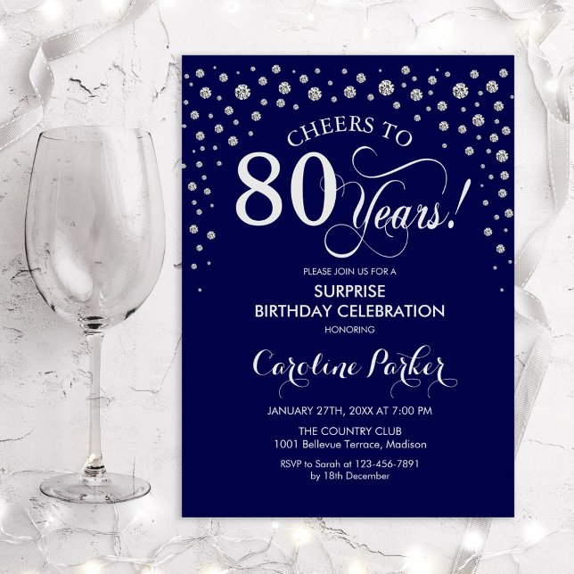 Surprise 80th Birthday Party - Navy Blue Silver Invitation (Creator Uploaded)
