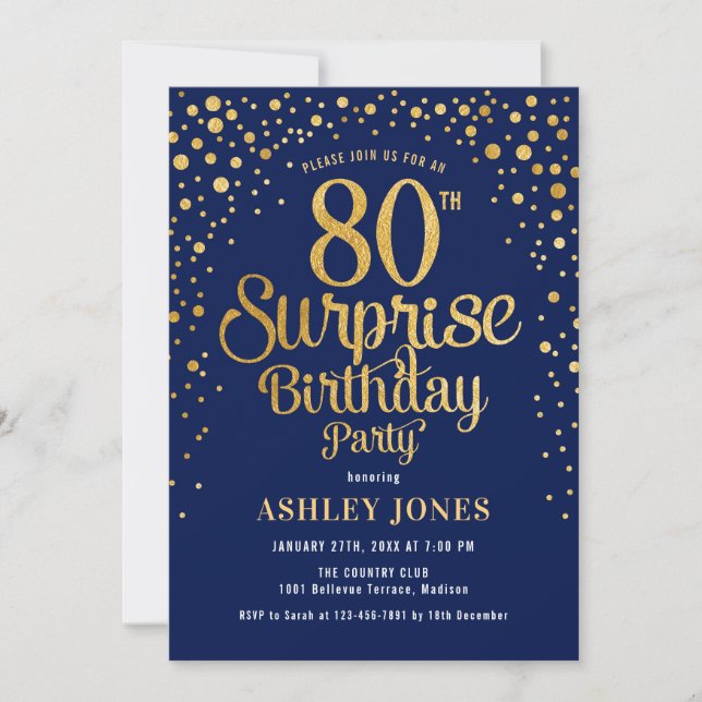 Surprise 80th Birthday Party - Navy & Gold Invitation (Front)