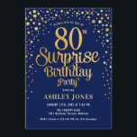 Surprise 80th Birthday Party - Navy & Gold Invitation<br><div class="desc">Surprise 80th Birthday Party Invitation.
Elegant design in navy and faux glitter gold. Features stylish script font and confetti. Message me if you need custom age.</div>