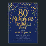 Surprise 80th Birthday Party - Navy & Gold Invitation<br><div class="desc">Surprise 80th Birthday Party Invitation.
Elegant design in navy and faux glitter gold. Features stylish script font and confetti. Message me if you need custom age.</div>