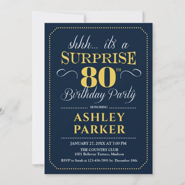 Surprise 80th Birthday Party - Navy Gold Invitation (Front)